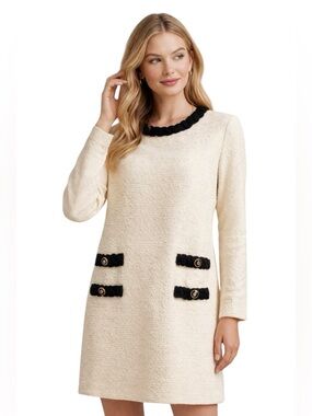 TUCKERNUCK Classic Cream “Jackie” Bouclé Shift Dress Black Trim Long Sleeves L